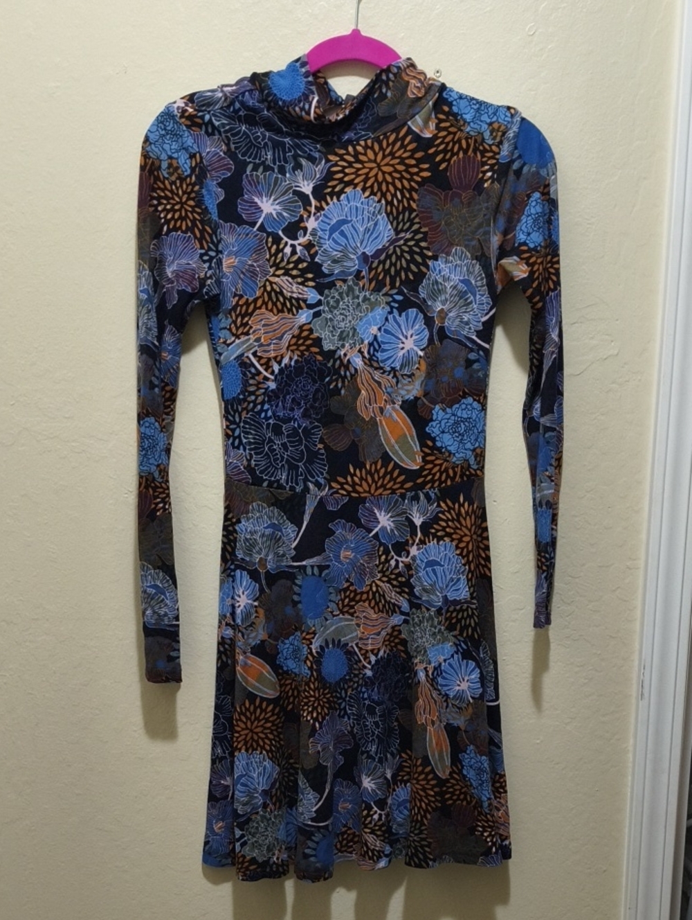 H&M Blue and Brown Floral Long-Sleeve Mock Neck Dress